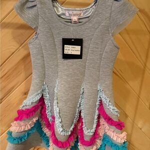 NWT Halabaloo Grey Heather Dress with Pink, Teal, and Light Pink Ruffles